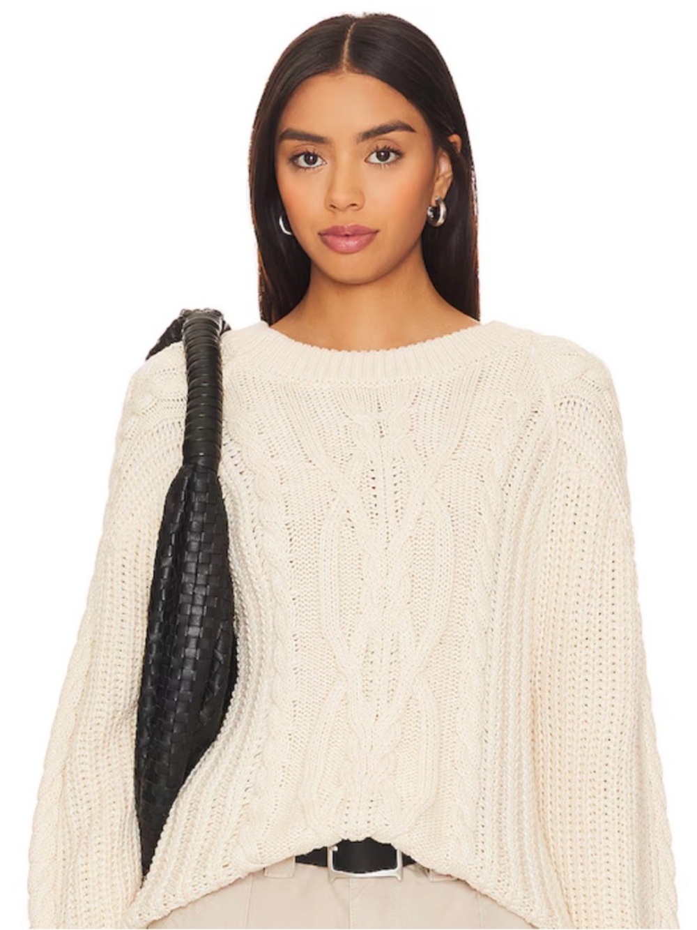 Free People Cream Cable-Knit Crewneck Sweater